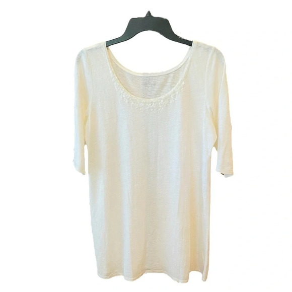 Eileen Fisher women’s 100% linen sequin tunic tee 3/4 sleeve SZ S ivory - Picture 1 of 8